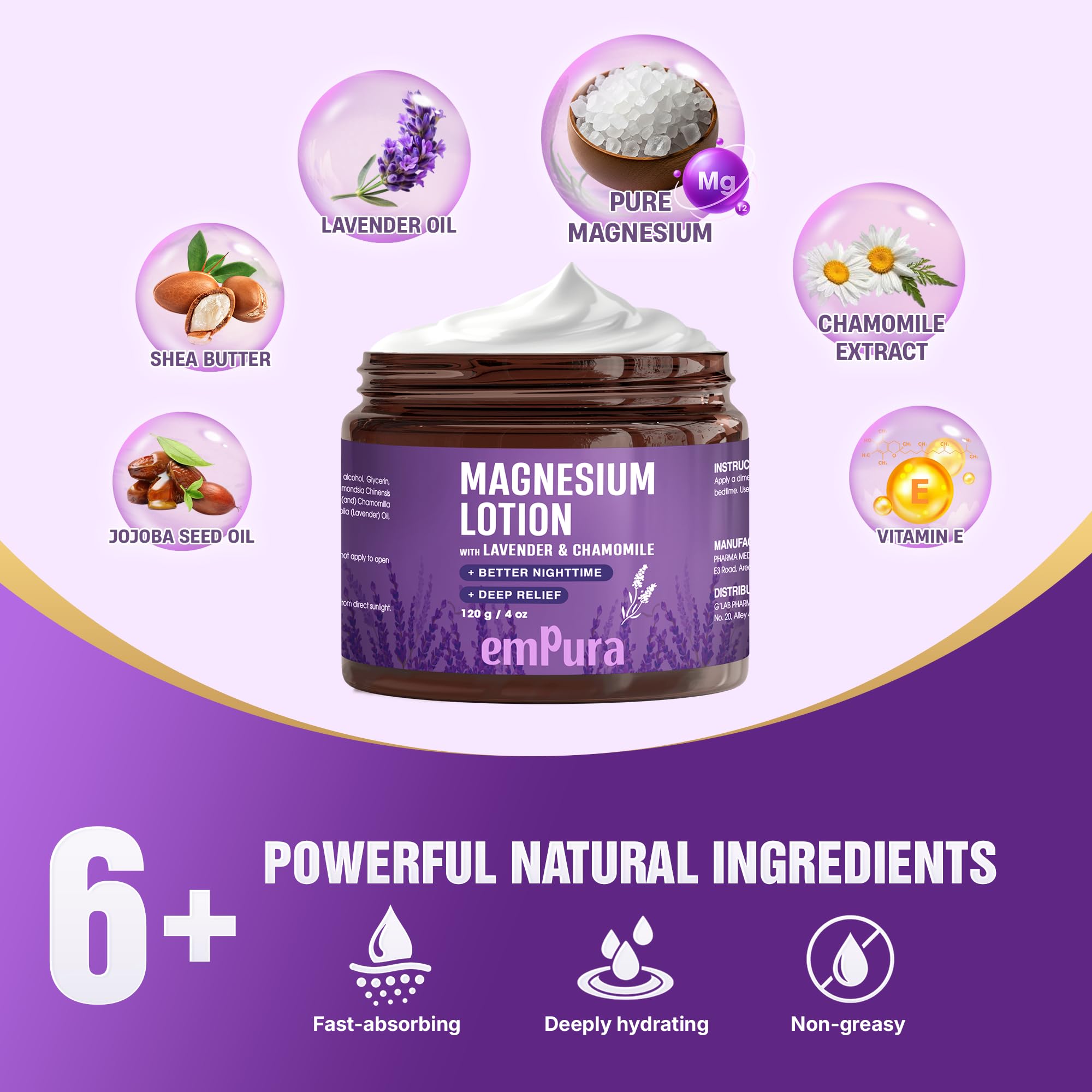 Aromas of EMPURA Lavender Magnesium Lotion emphasize lavender chamomile for calming rituals