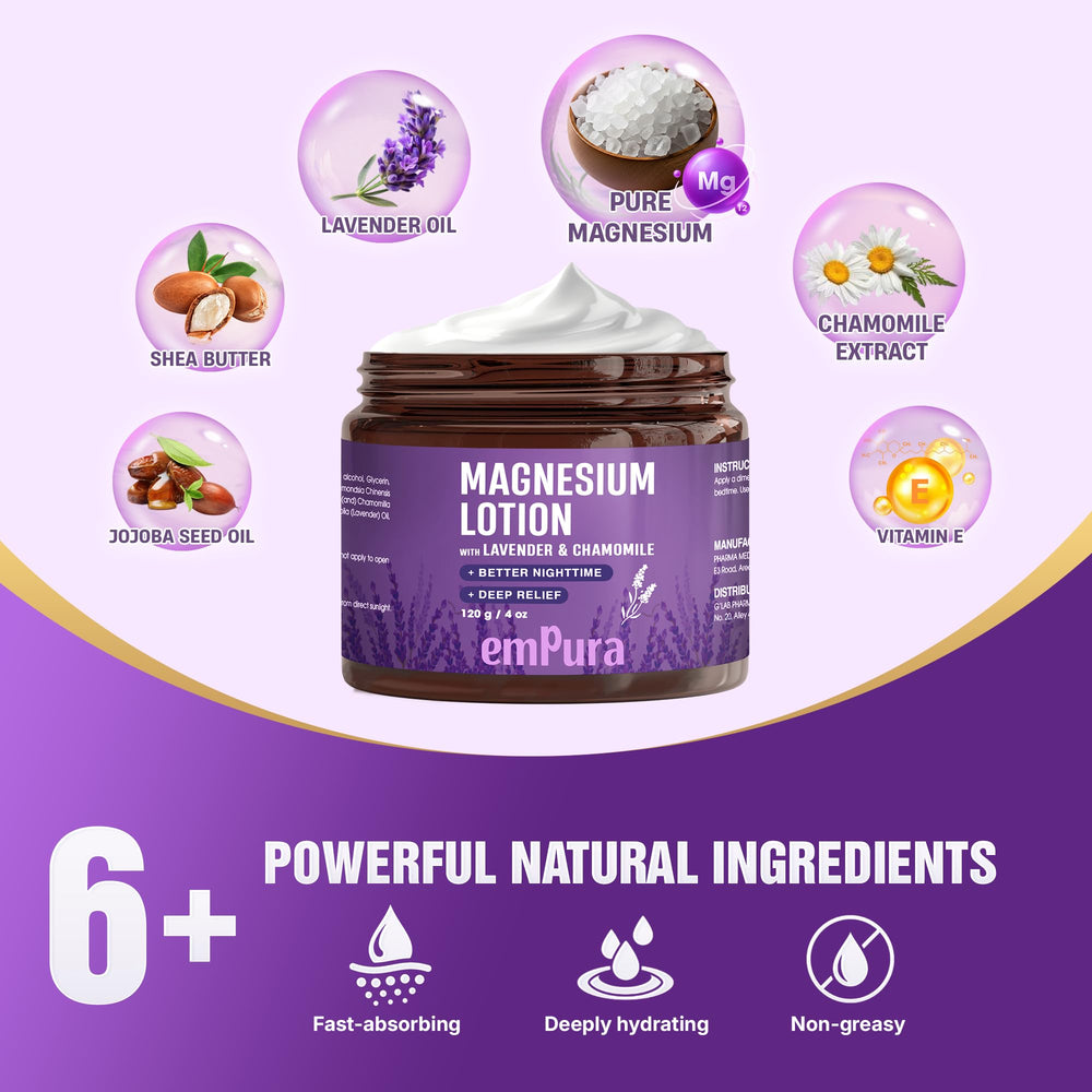 Aromas of EMPURA Lavender Magnesium Lotion emphasize lavender chamomile for calming rituals