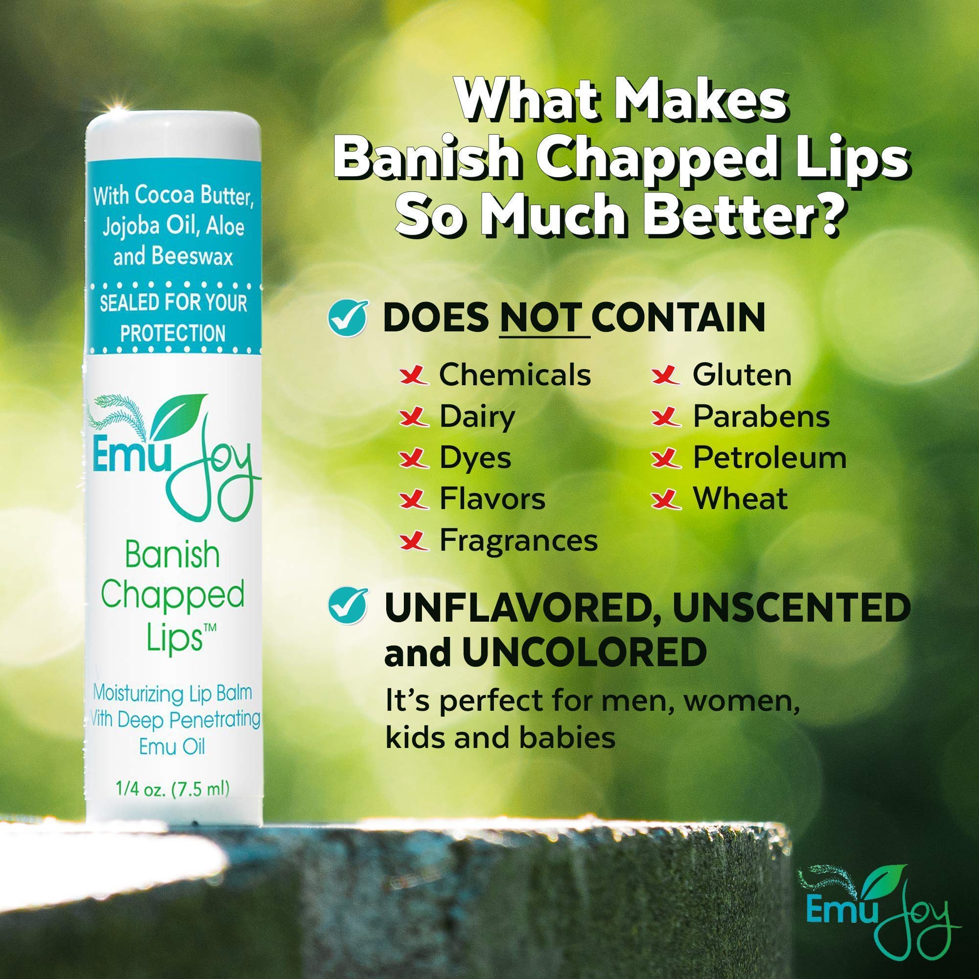 Emu Joy lip balm ingredients closeup highlights emu oil and natural actives.