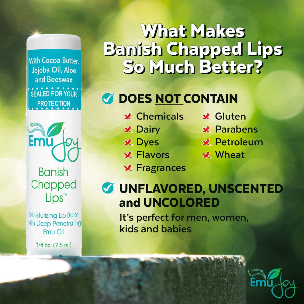 Emu Joy lip balm ingredients closeup highlights emu oil and natural actives.