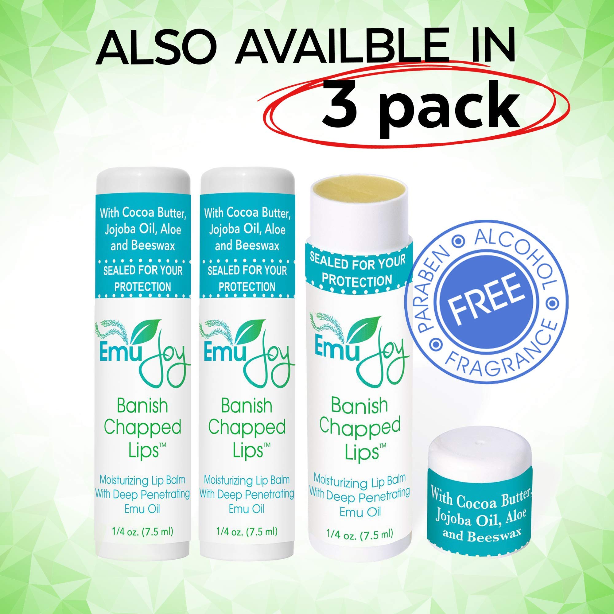 Emu Joy lip balm applied on lips shows portable outdoor protection.