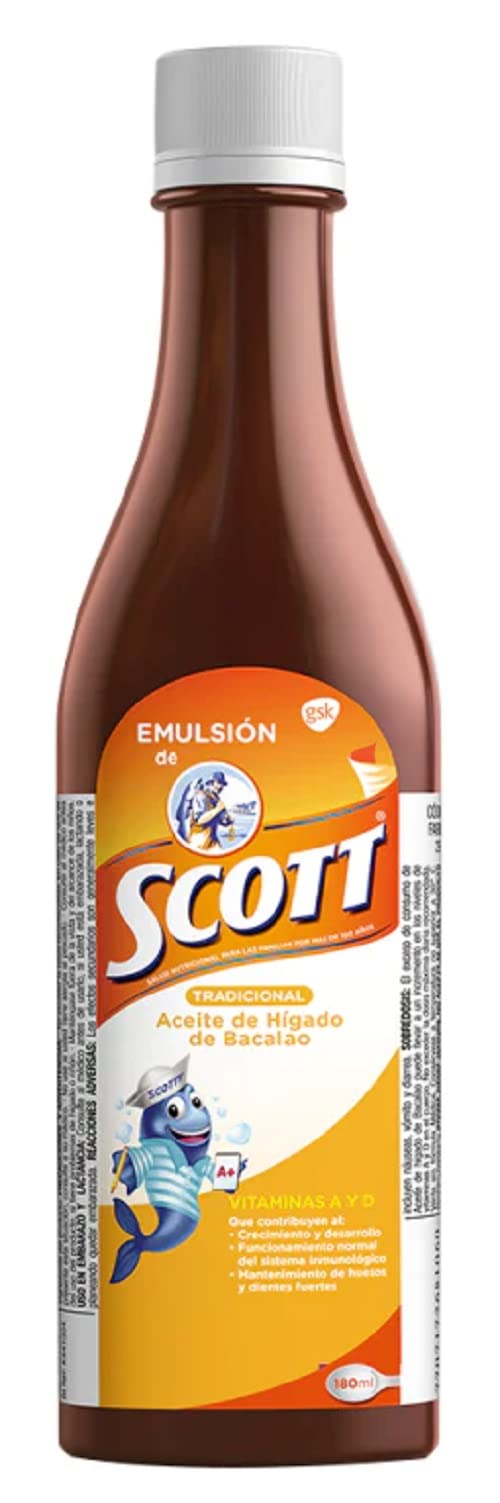 Emulsion de Scott Tradicional bottle highlighting vitamins A and D for daily wellness.