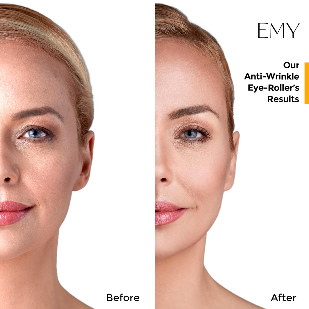 EMY Eye Roller Serum lightweight texture shown near makeup to emphasize non-greasy feel.