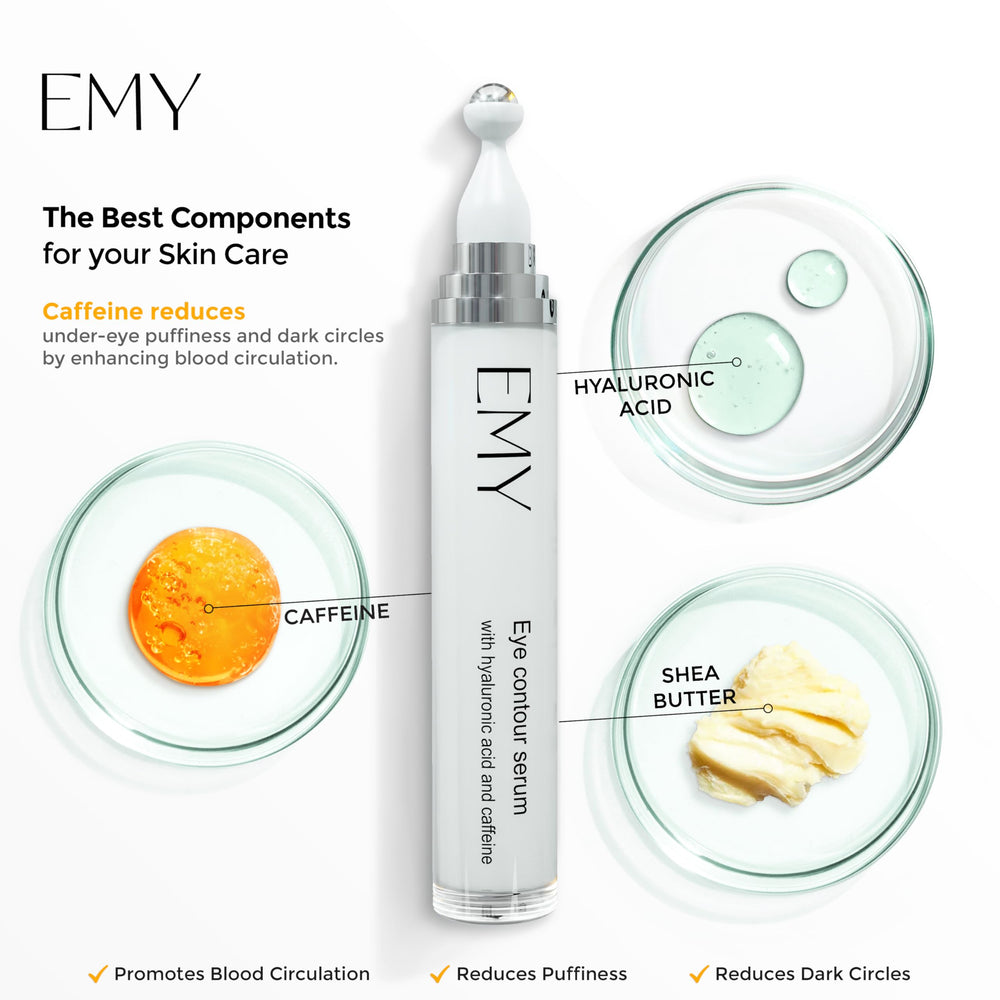 EMY Eye Roller Serum hyaluronic acid image highlights deep hydration and subtle plumping.