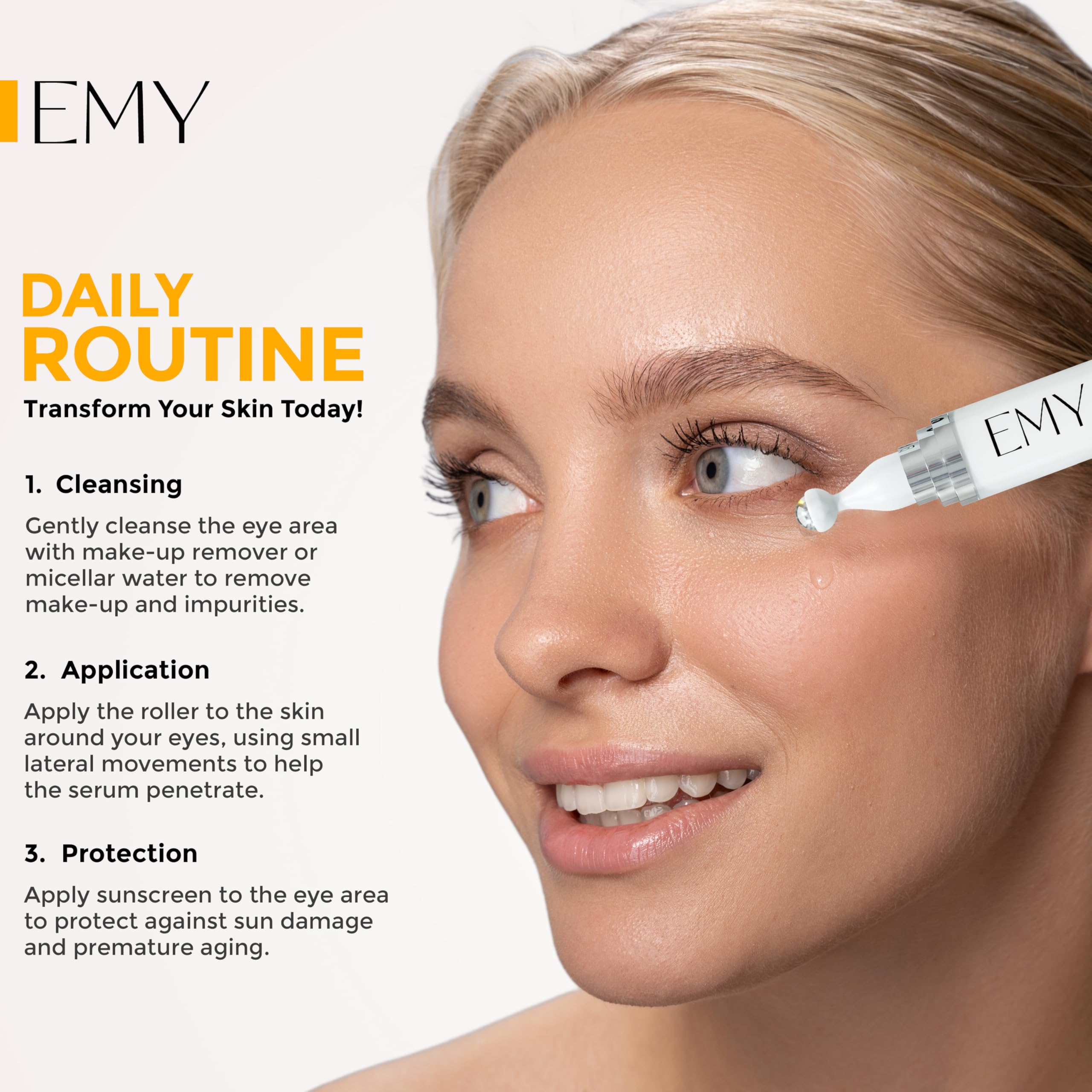 EMY Eye Roller Serum application on eyes demonstrates quick absorption without residue.