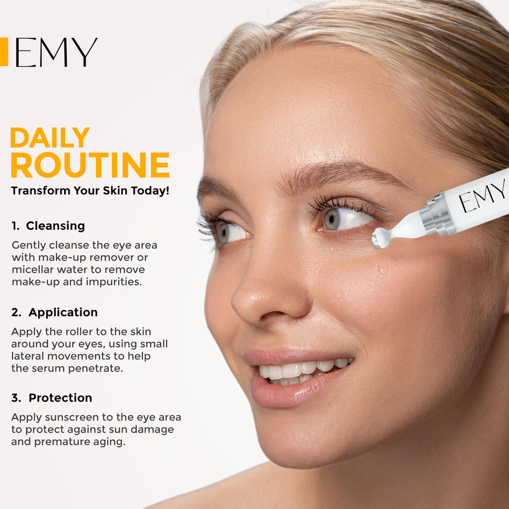 EMY Eye Roller Serum application on eyes demonstrates quick absorption without residue.