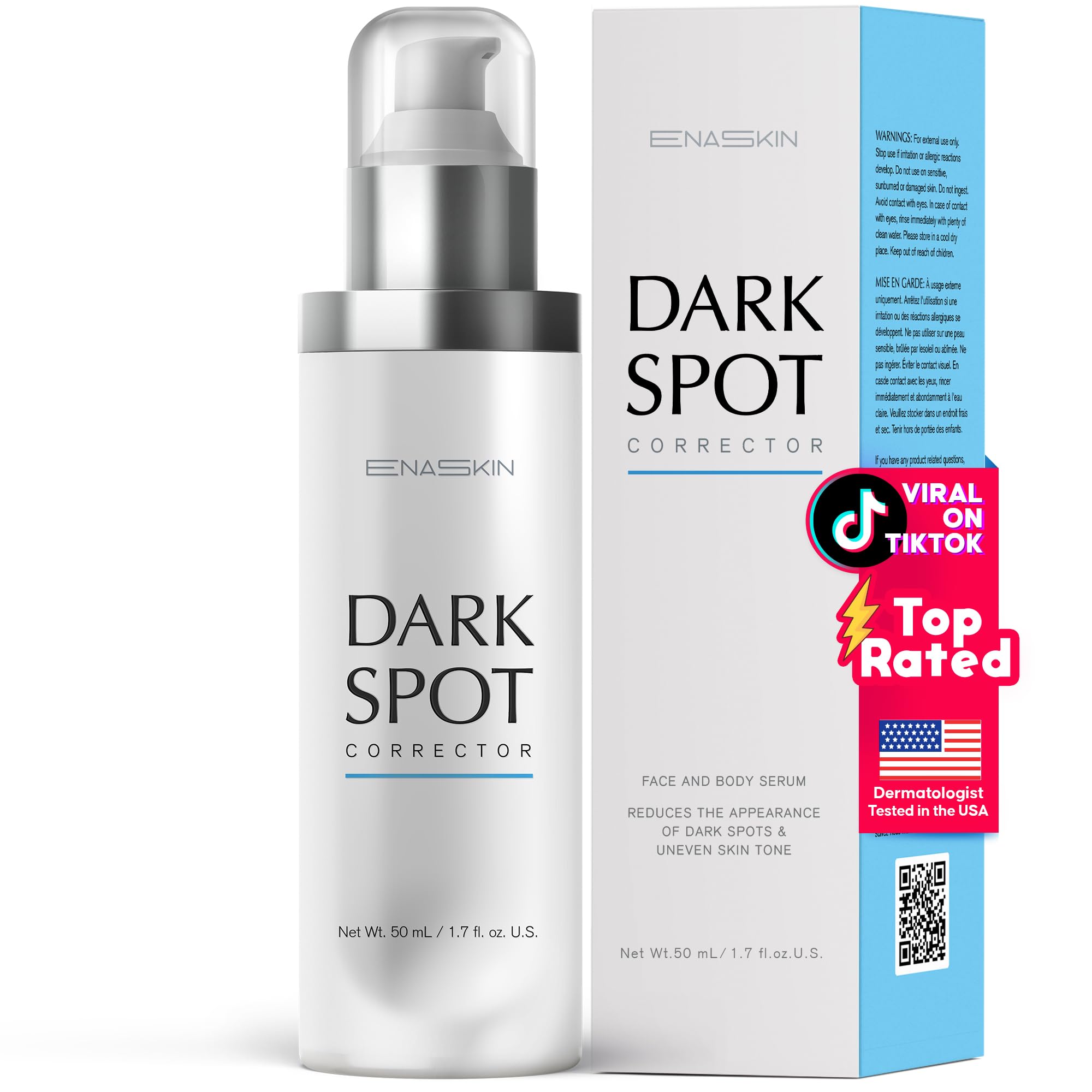 EnaSkin dark spot remover bottle pump for daily brightening and ease of use.