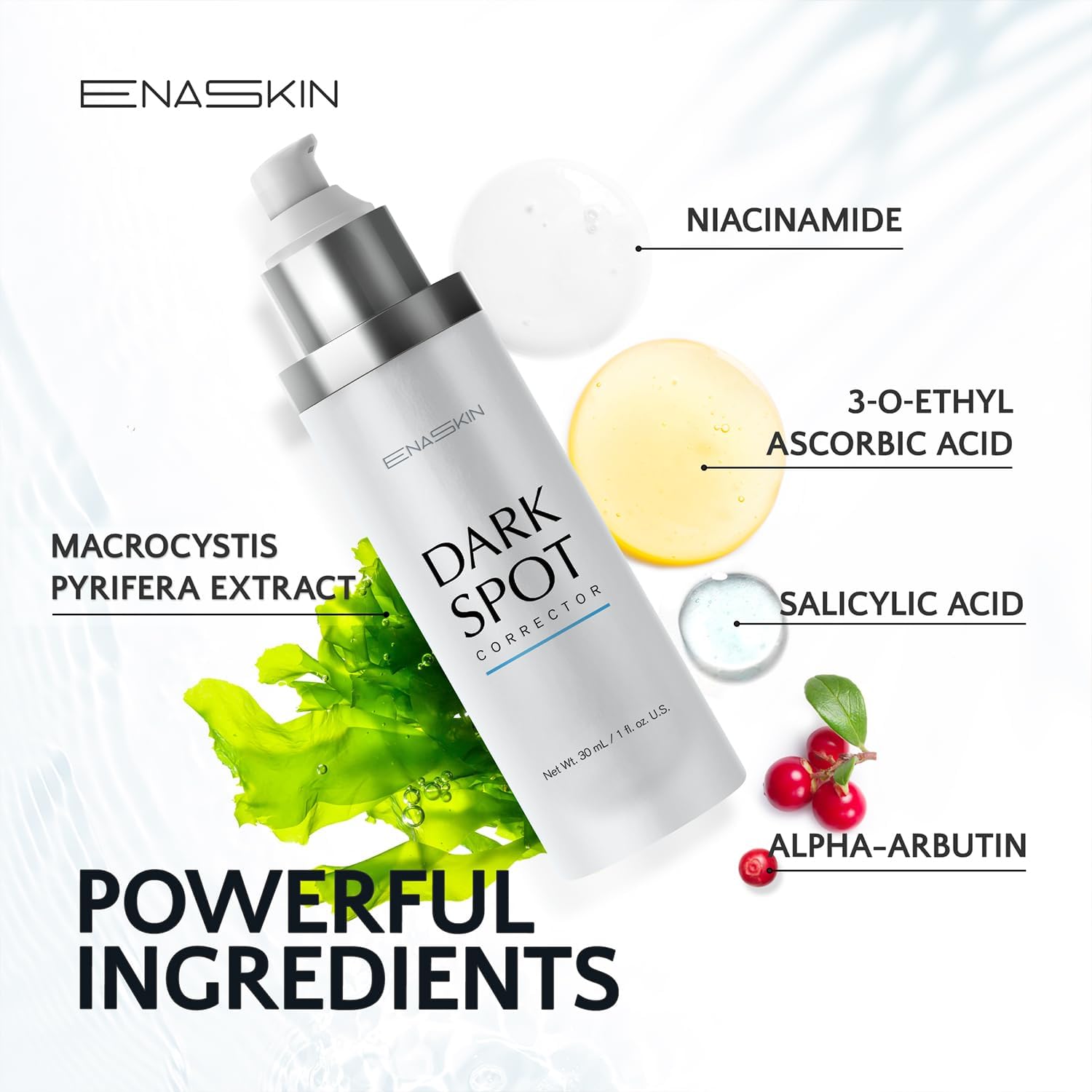 EnaSkin dark spot remover ingredients-niacinamide close-up highlights brightening actives.