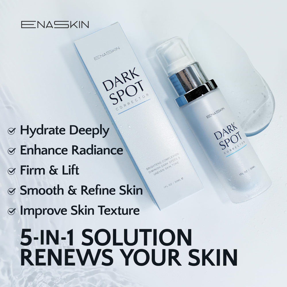 EnaSkin serum-pump close-up emphasizes easy day-night use for brightening
