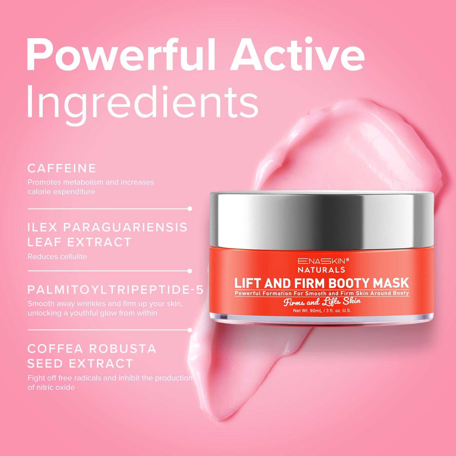 Enaskin Naturals anti-cellulite defense on thighs suggests smoother texture and improved drainage.