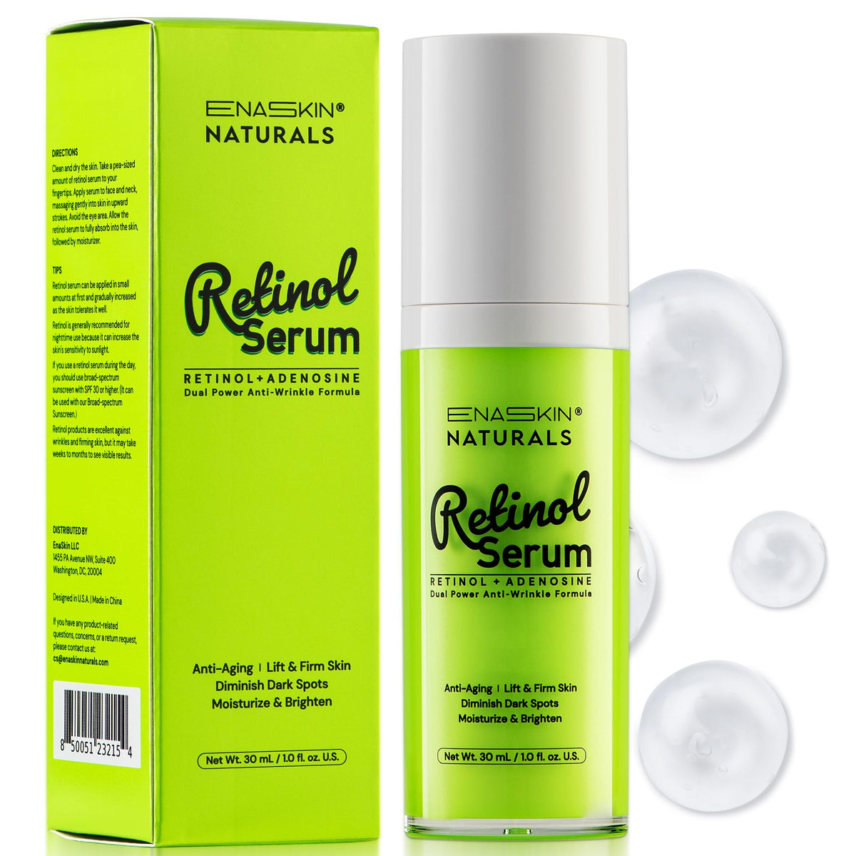 Enaskin Naturals anti-wrinkle serum bottle showing wrinkle reduction potential and hydration