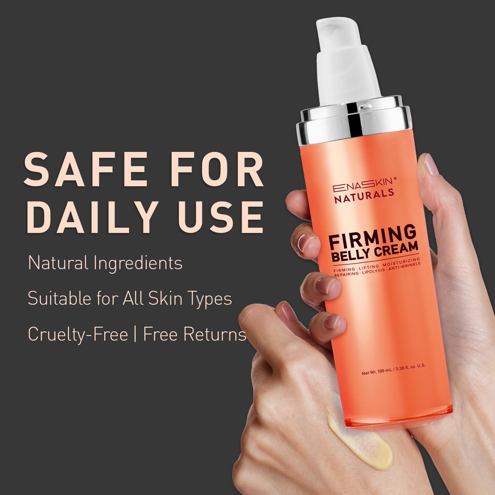 Hands massaging Enaskin Naturals Belly Firming Cream for improved skin texture