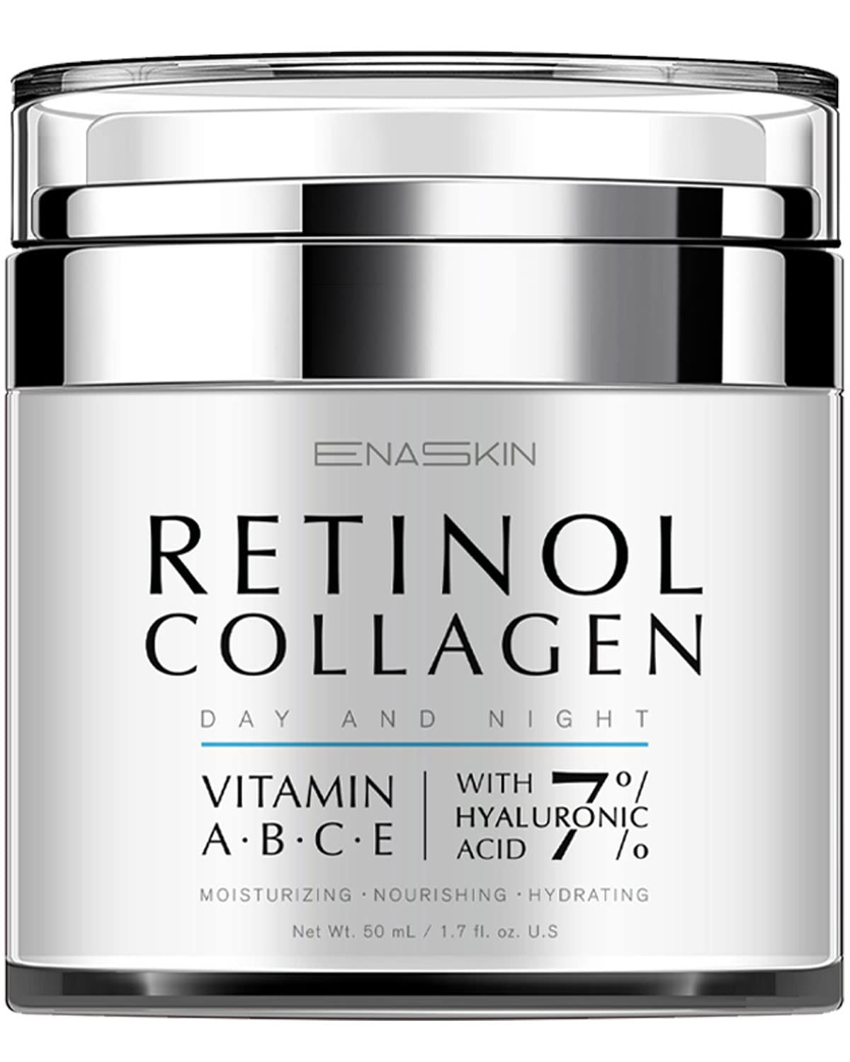 EnaSkin retinol cream jar showing wrinkle reduction and smoother skin texture.