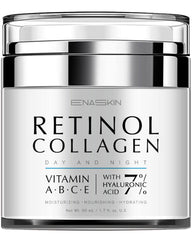 EnaSkin retinol cream jar showing wrinkle reduction and smoother skin texture.