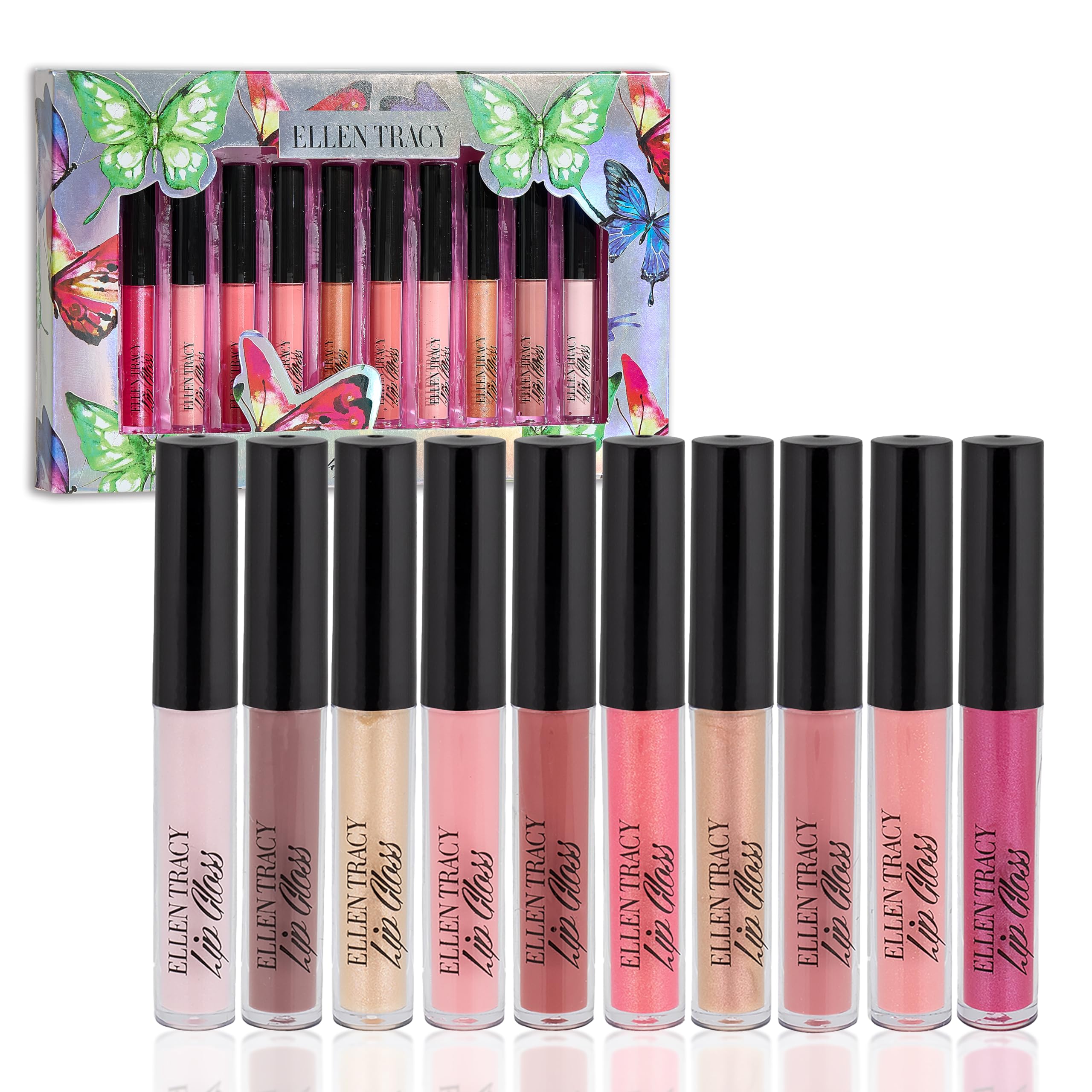 Enchante Ellen Tracy lip gloss tubes closeup showcasing glossy shades for all-day color