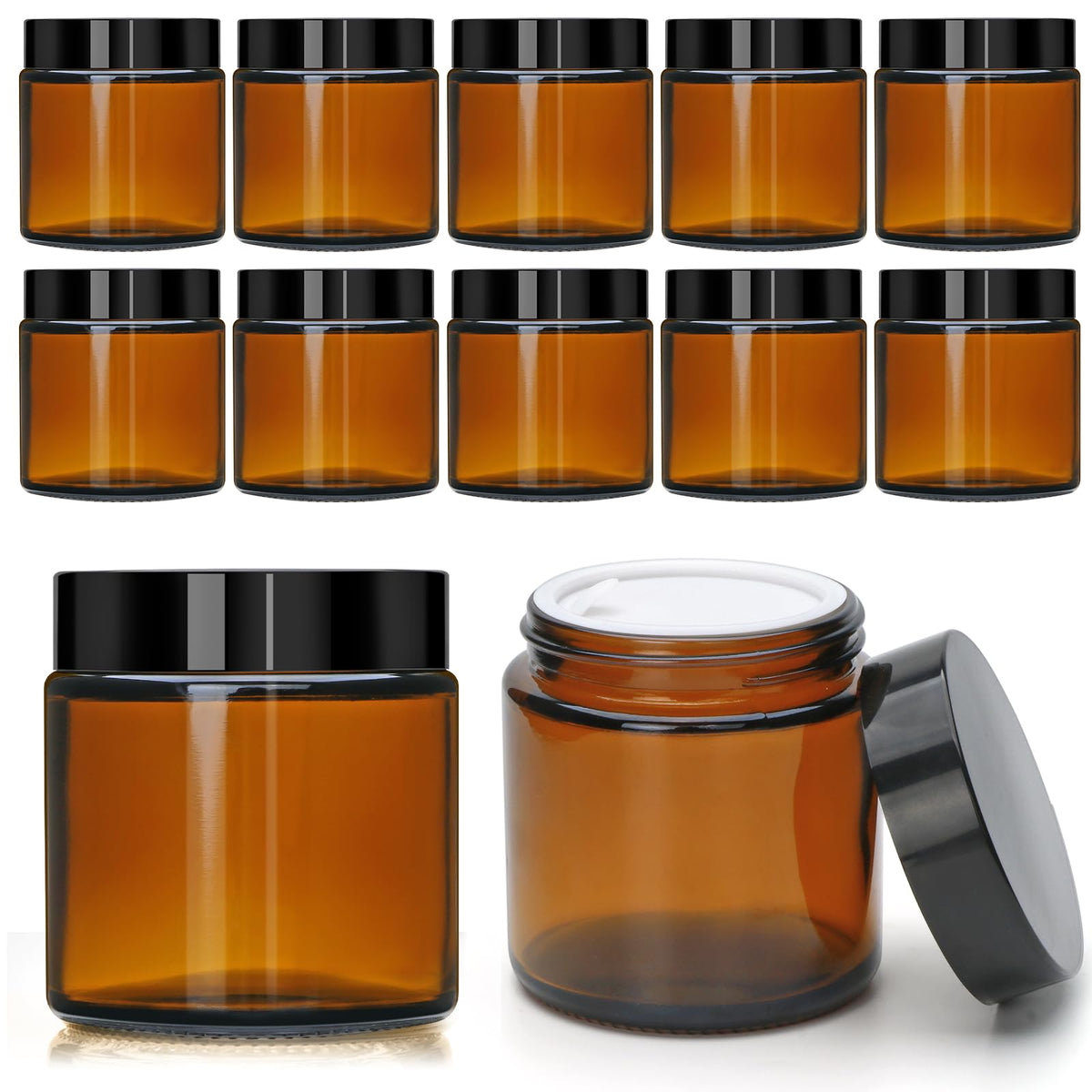 Encheng 4oz amber glass jar with black lid closed, ideal for protecting cosmetics from light exposure.