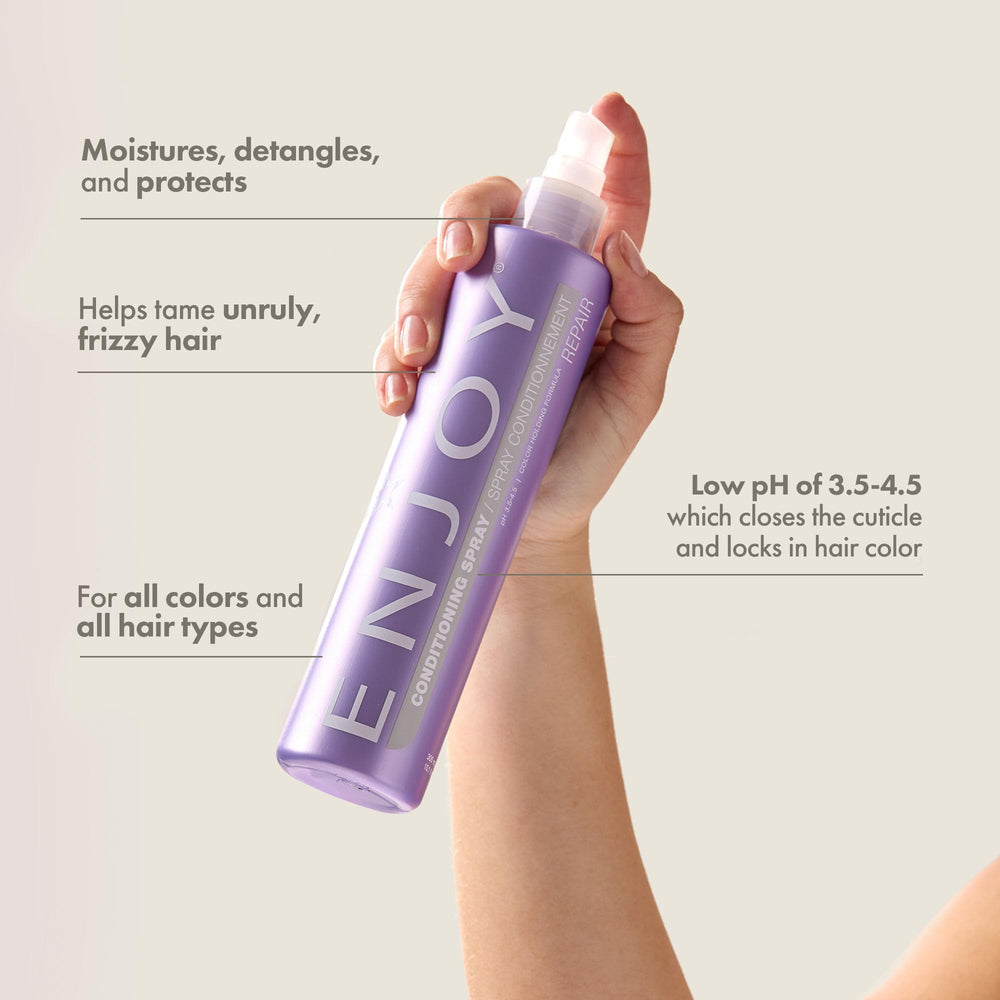Enjoy Conditioning Spray close-up nozzle showing detangling and frizz control