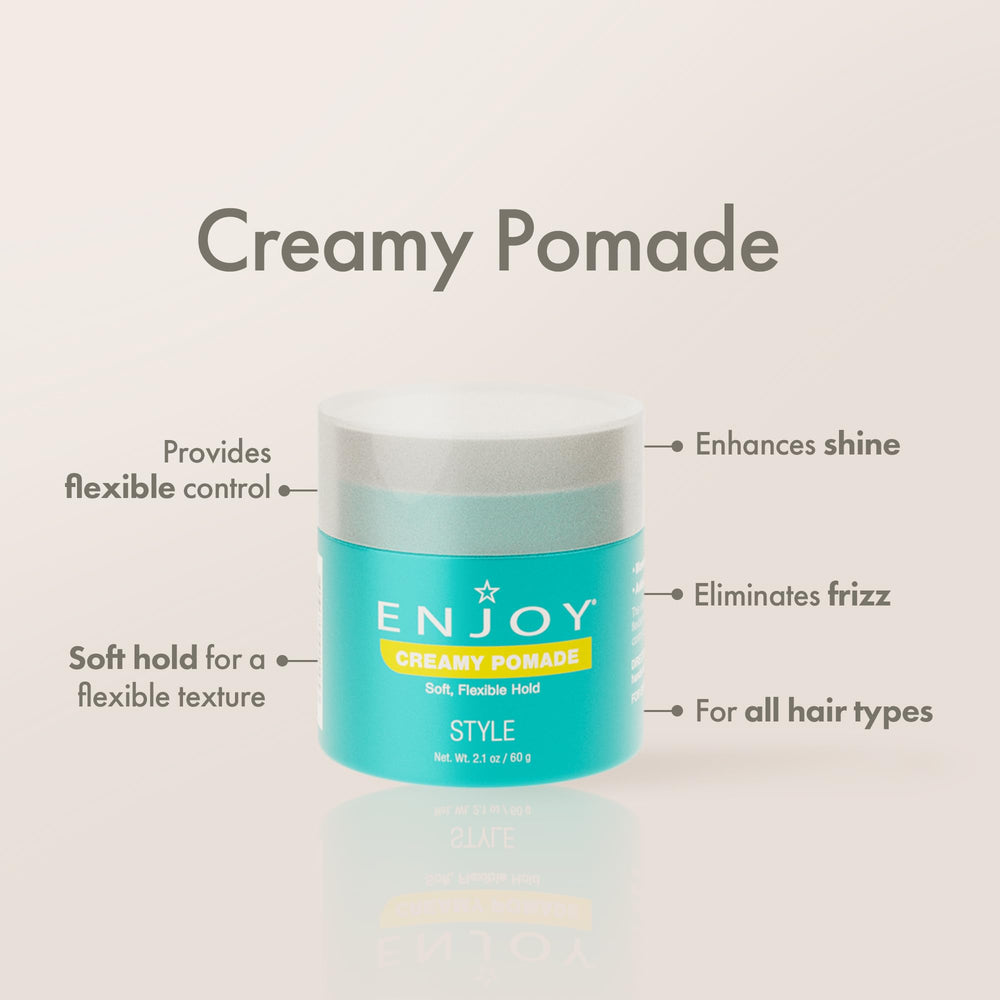 Enjoy Creamy Pomade hair damp application illustrates versatile restyling and even distribution.