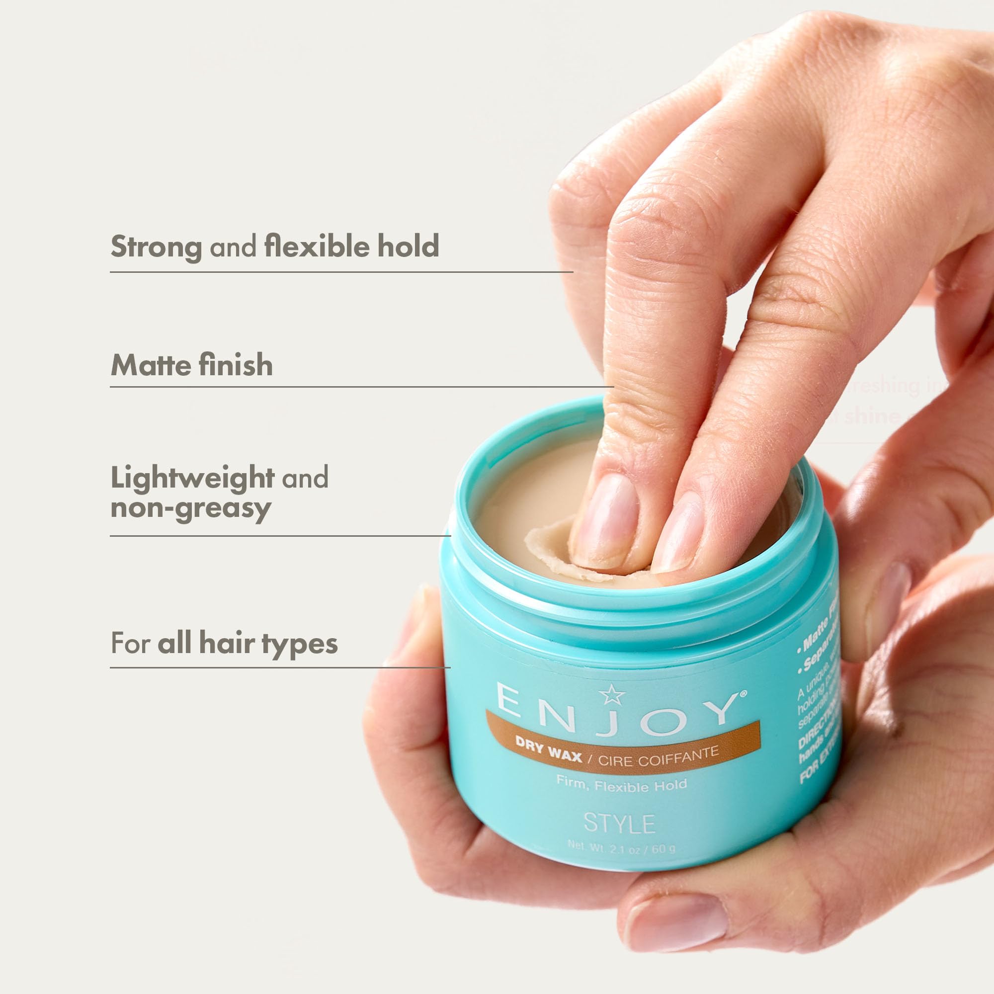 Enjoy Dry Wax demonstrates pliable texture ideal for restyling throughout the day.