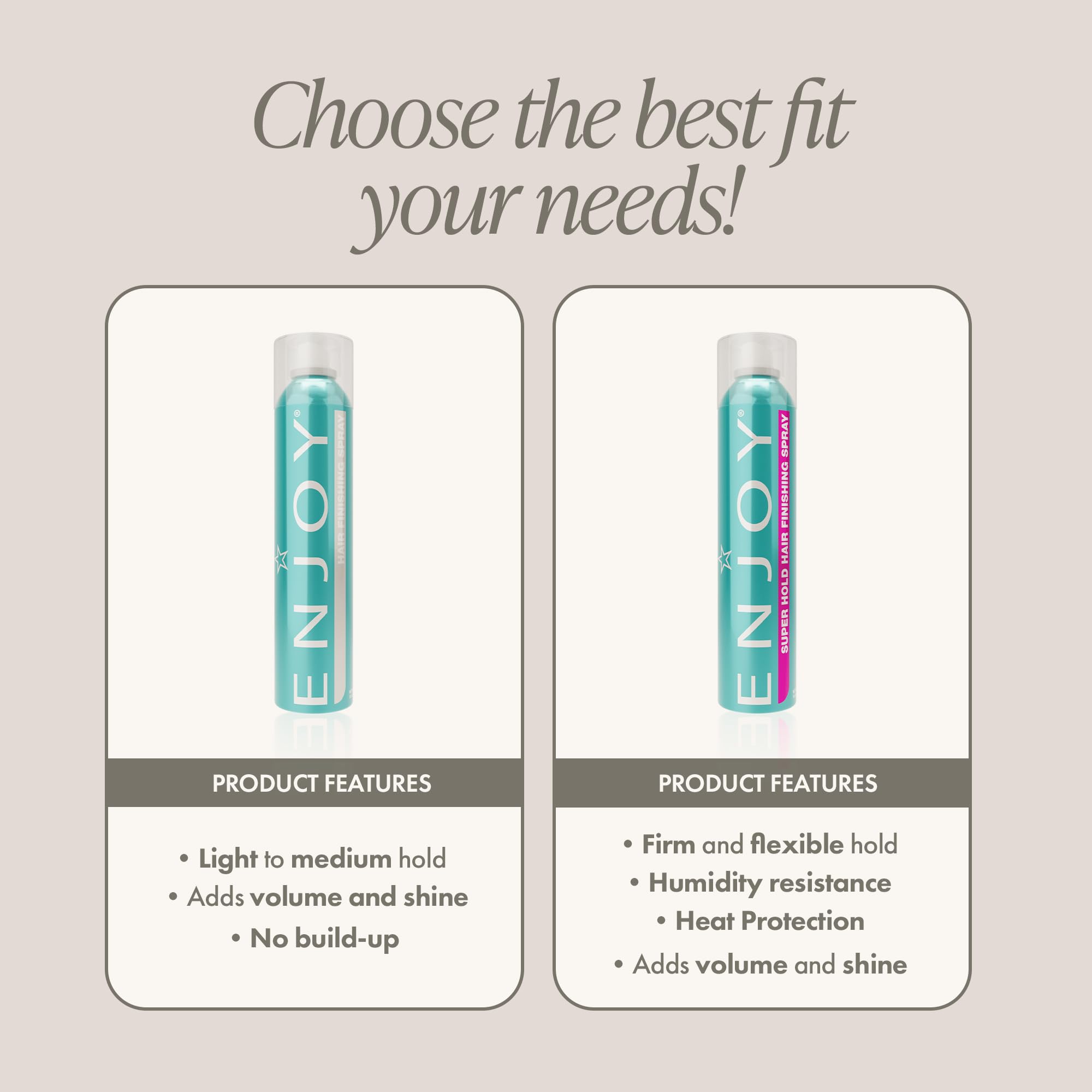 Packaging shot of Enjoy Hair Finishing Spray on shelf showing color-safe finish