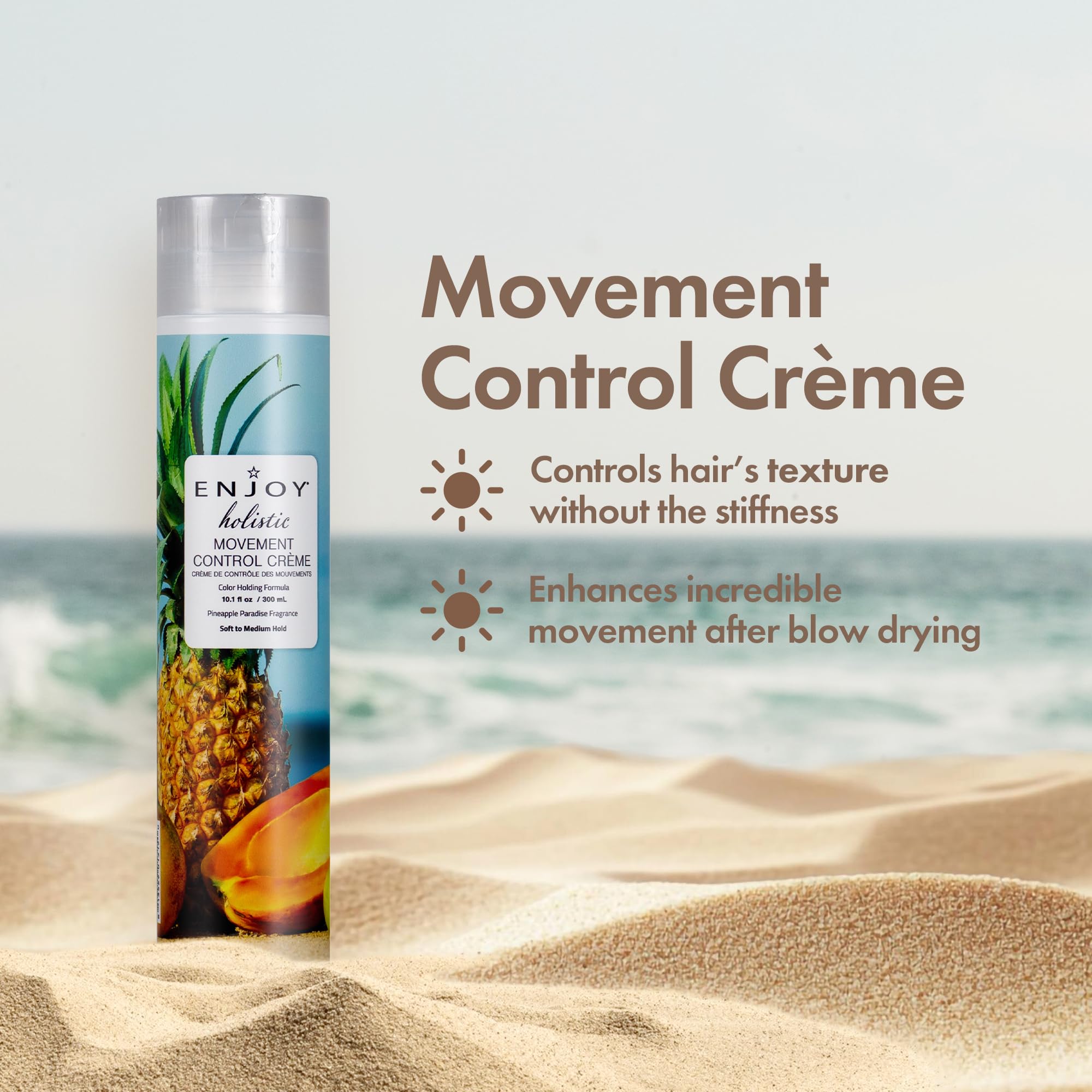 Enjoy Hair Styling Cream bottle demonstrates humidity resistance for all-day style.