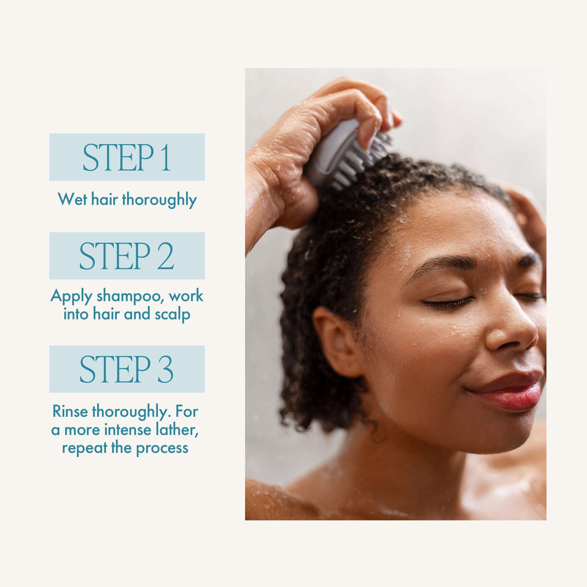 Enjoy Hydrating Shampoo pump application depicts easy-to-use routine for quick showers.