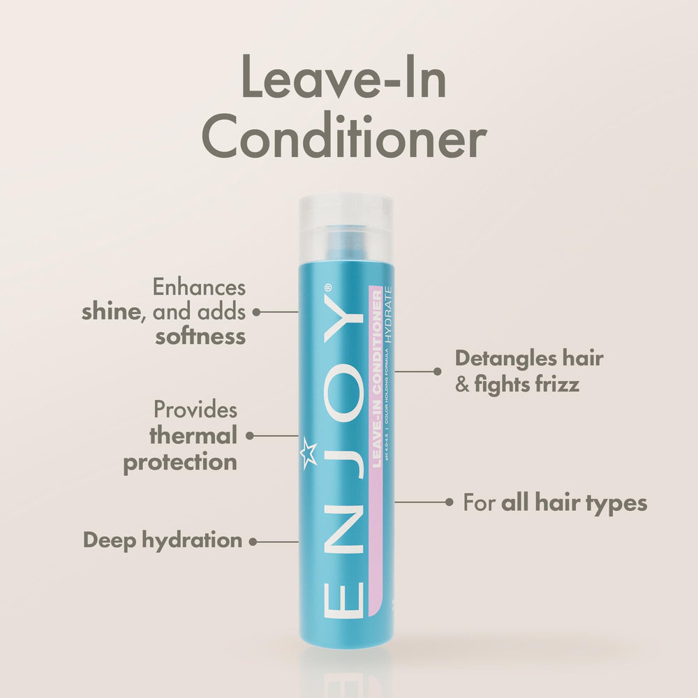 Enjoy Leave-In Conditioner pump-dispense close-up shows easy daily detangling and smoothness