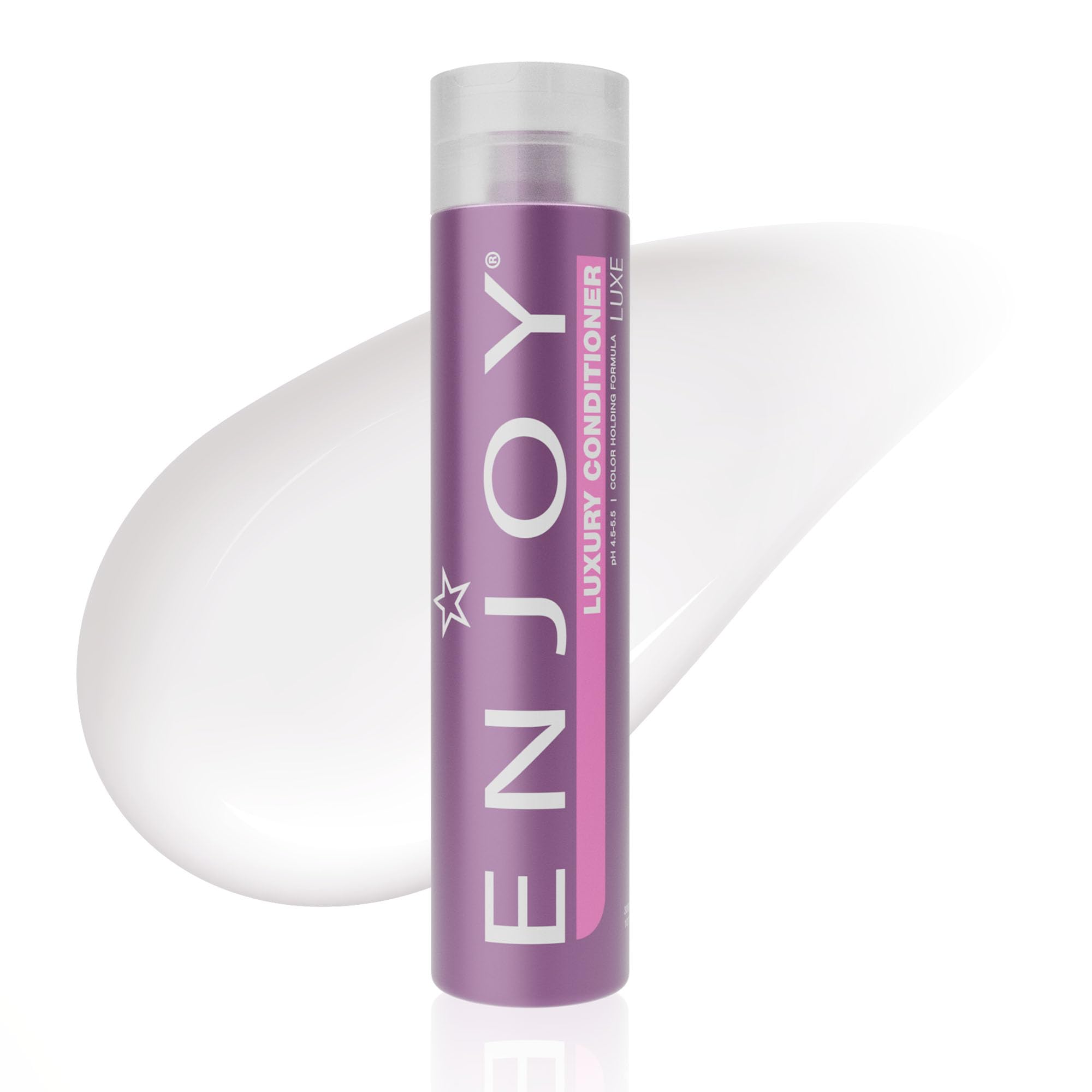 Enjoy Luxury Conditioner bottle pour showing frizz control and hydration benefits