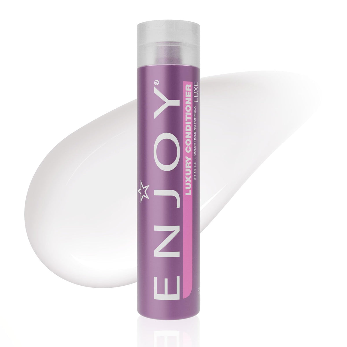 Enjoy Luxury Conditioner bottle pour showing frizz control and hydration benefits