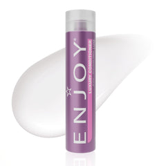 Enjoy Luxury Conditioner bottle pour showing frizz control and hydration benefits