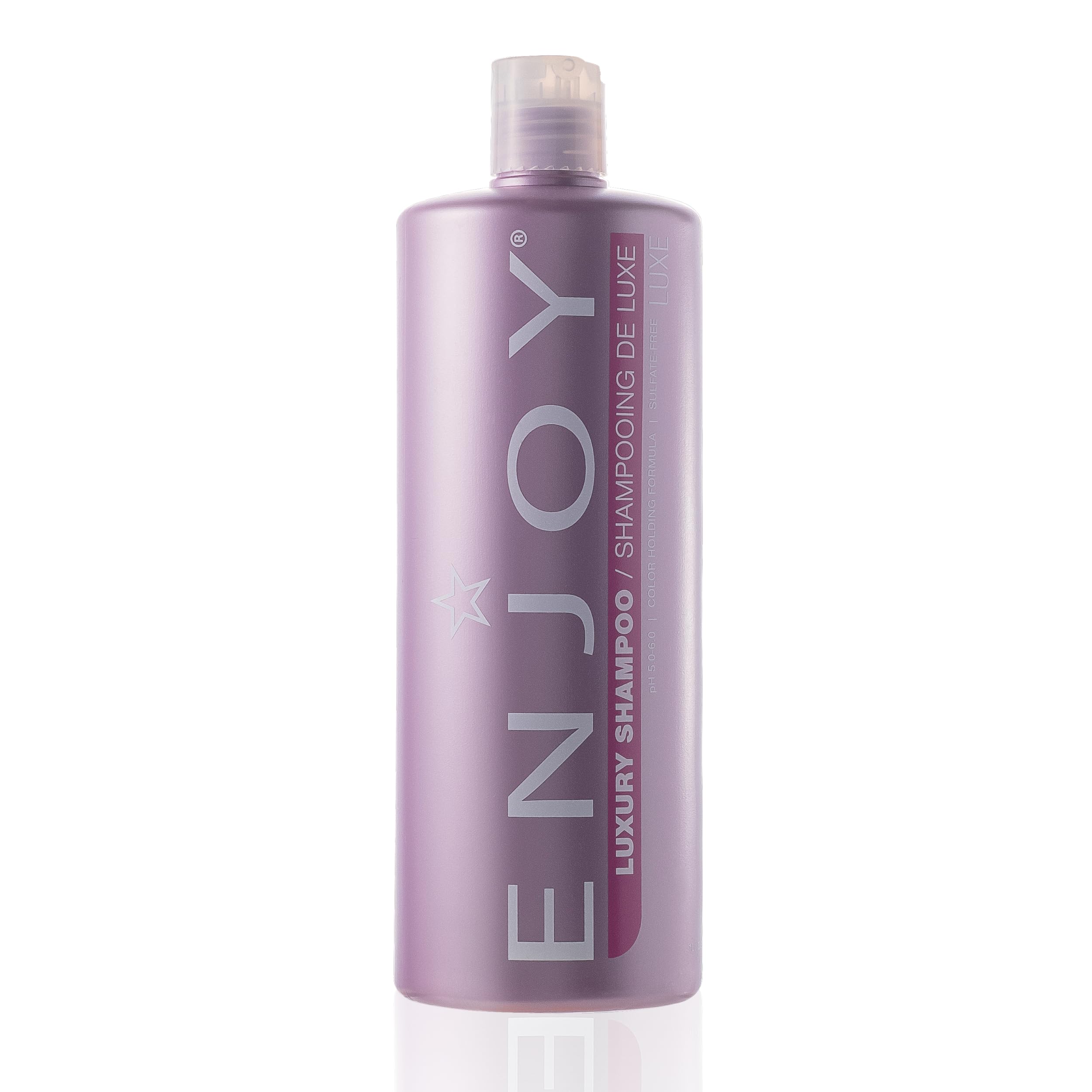 Enjoy Luxury Shampoo bottle front highlights sulfate-free cleansing for hydrated, healthy shine.