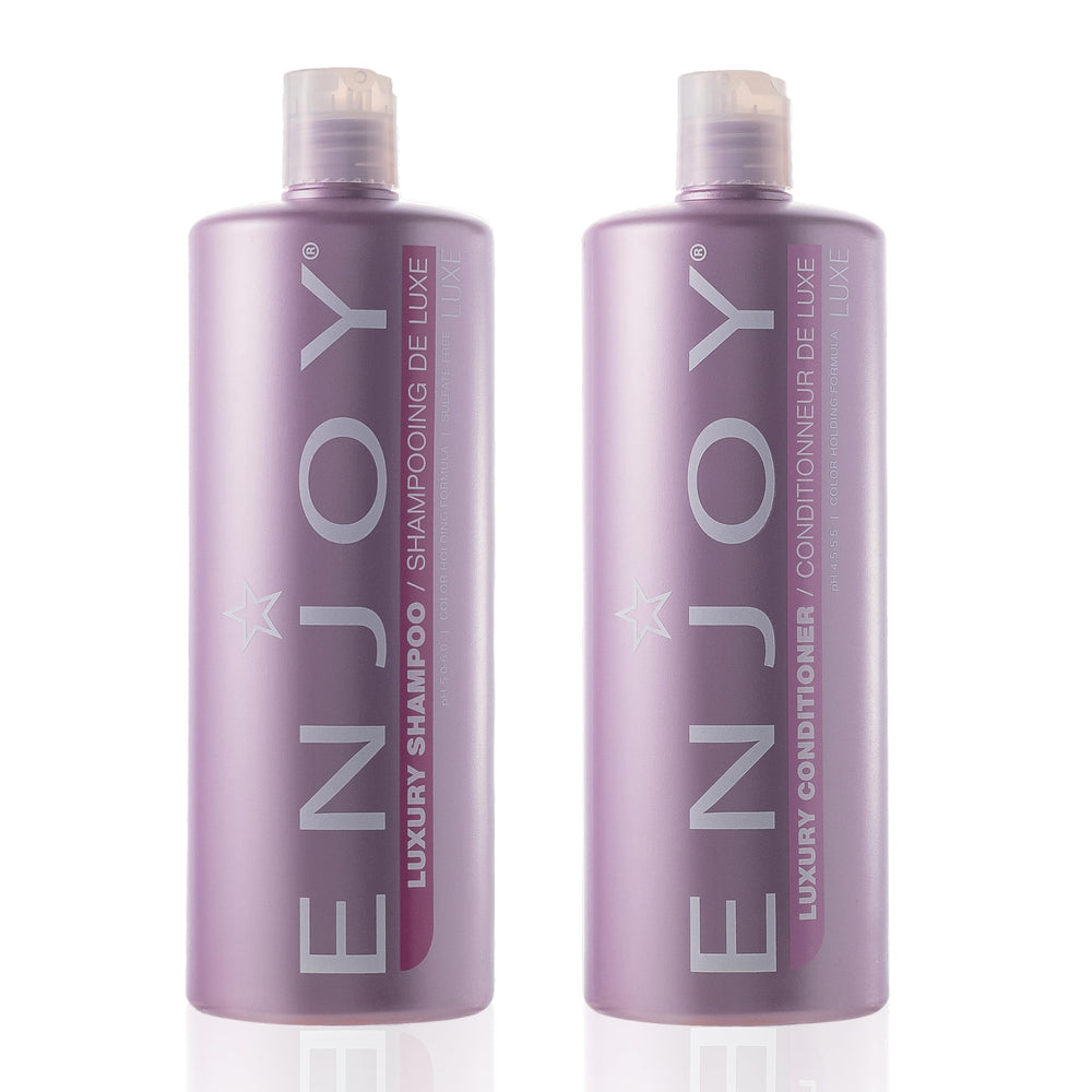 Enjoy Luxury Shampoo bottle front demonstrates frizz control for thick curly hair.