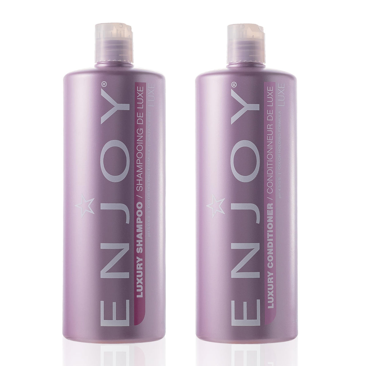 Enjoy Luxury Shampoo bottle front demonstrates frizz control for thick curly hair.