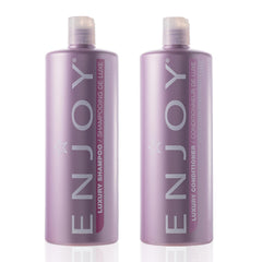 Enjoy Luxury Shampoo bottle front demonstrates frizz control for thick curly hair.