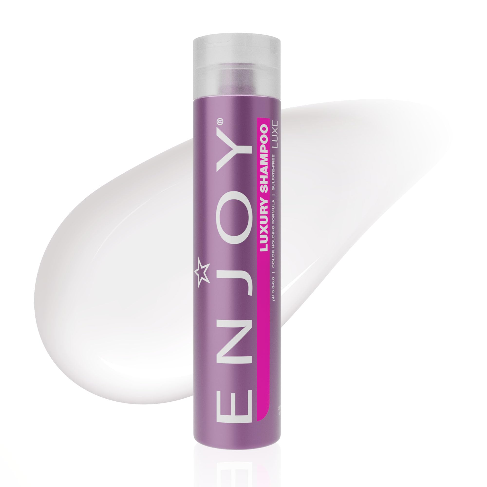 Enjoy Luxury Shampoo bottle highlights sulfate-free cleansing for healthy shine