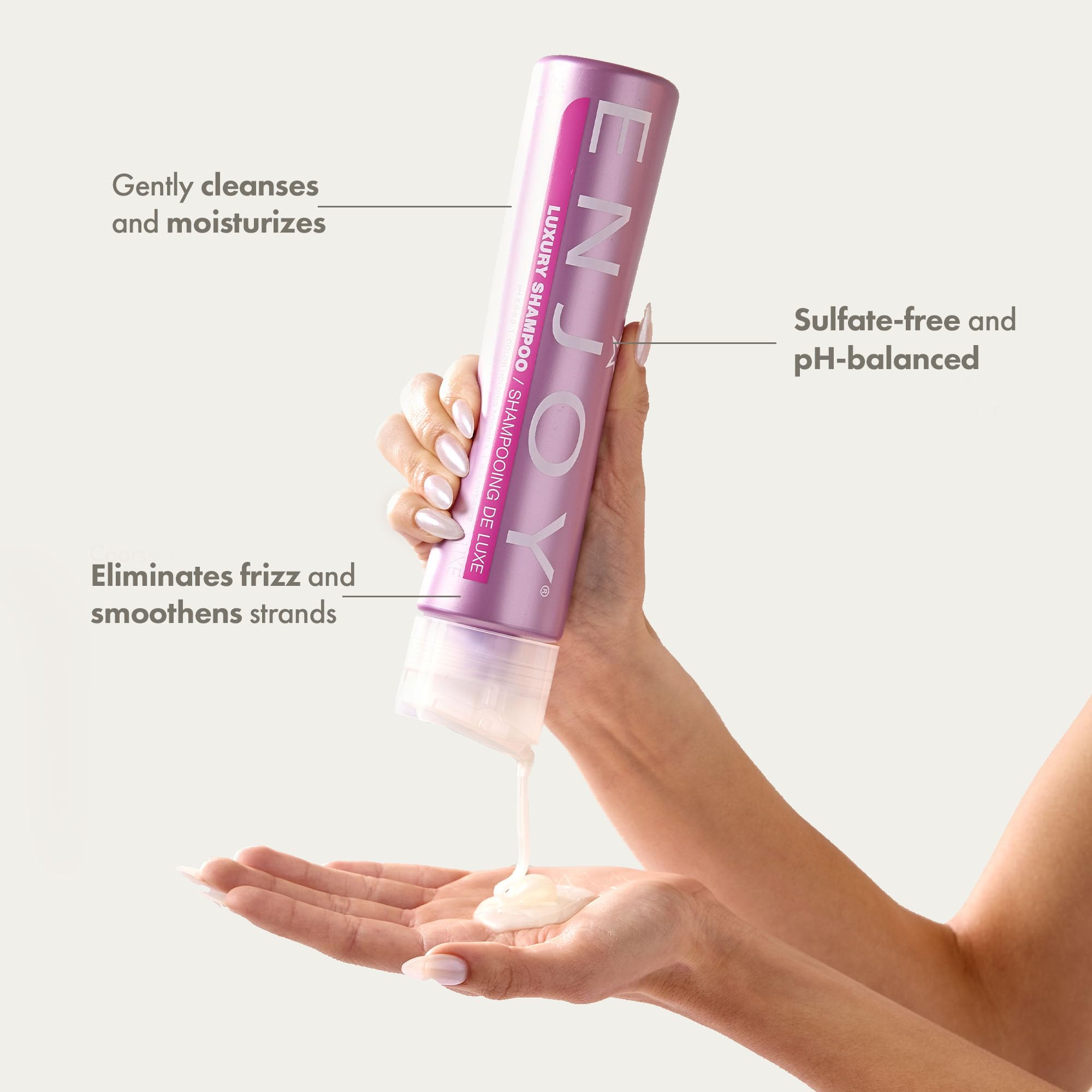Enjoy Luxury Shampoo closeup label emphasizes sulfate-free formula for gentle moisture.