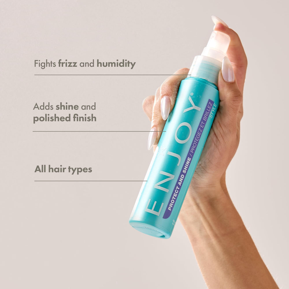 Enjoy Protect and Shine applied on frizz-prone hair for humidity resistance