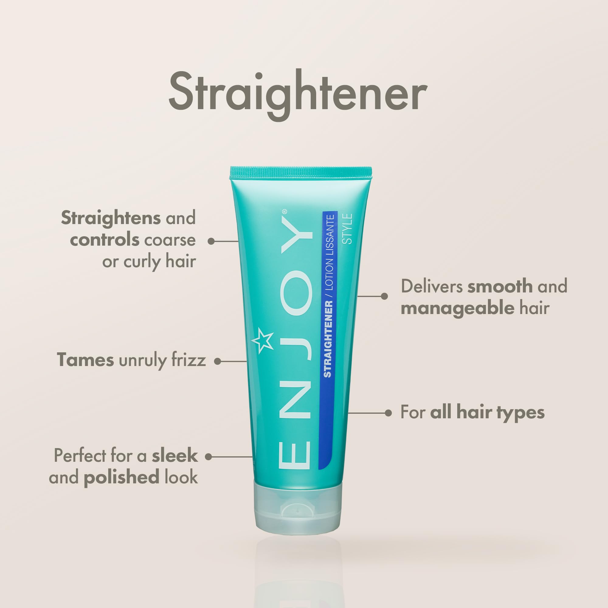 ENJOY Straightener in-use portrait demonstrates sleek, straight styling.
