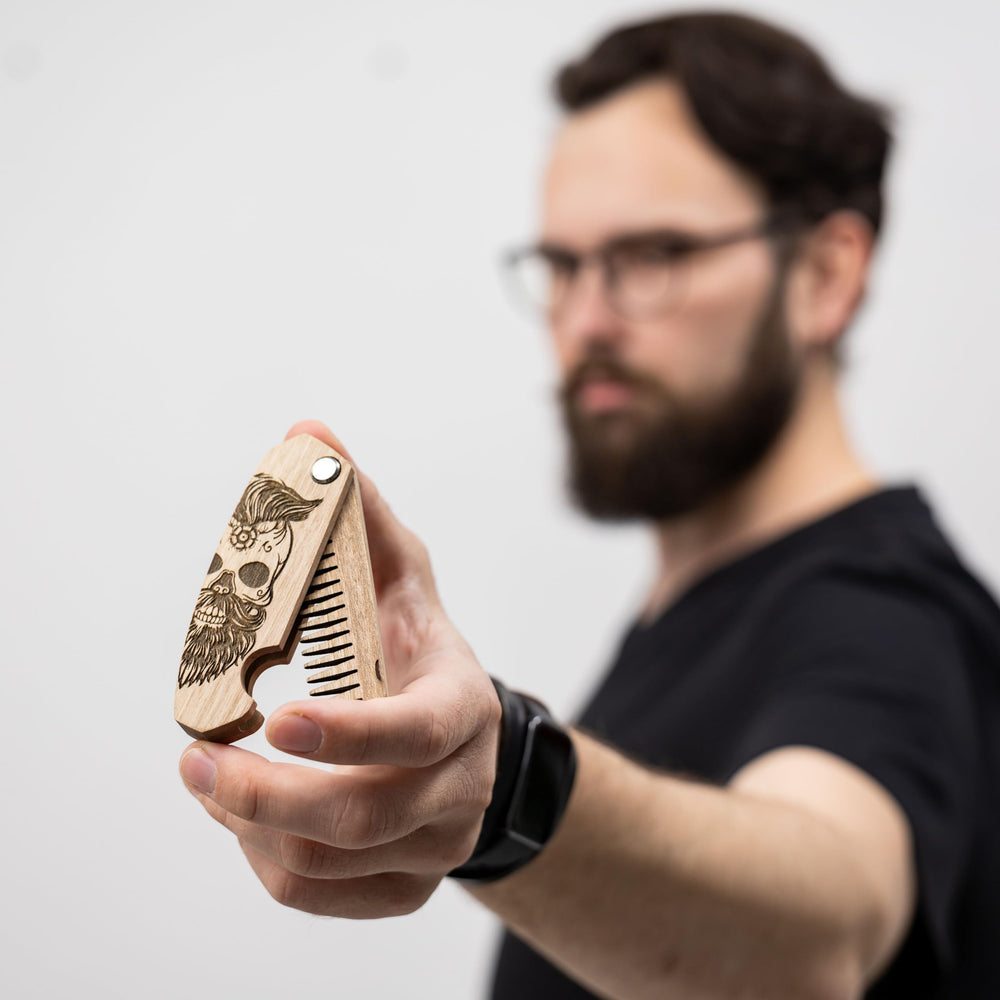 Enjoy The Wood engraved half-skull detail adds masculine styling.