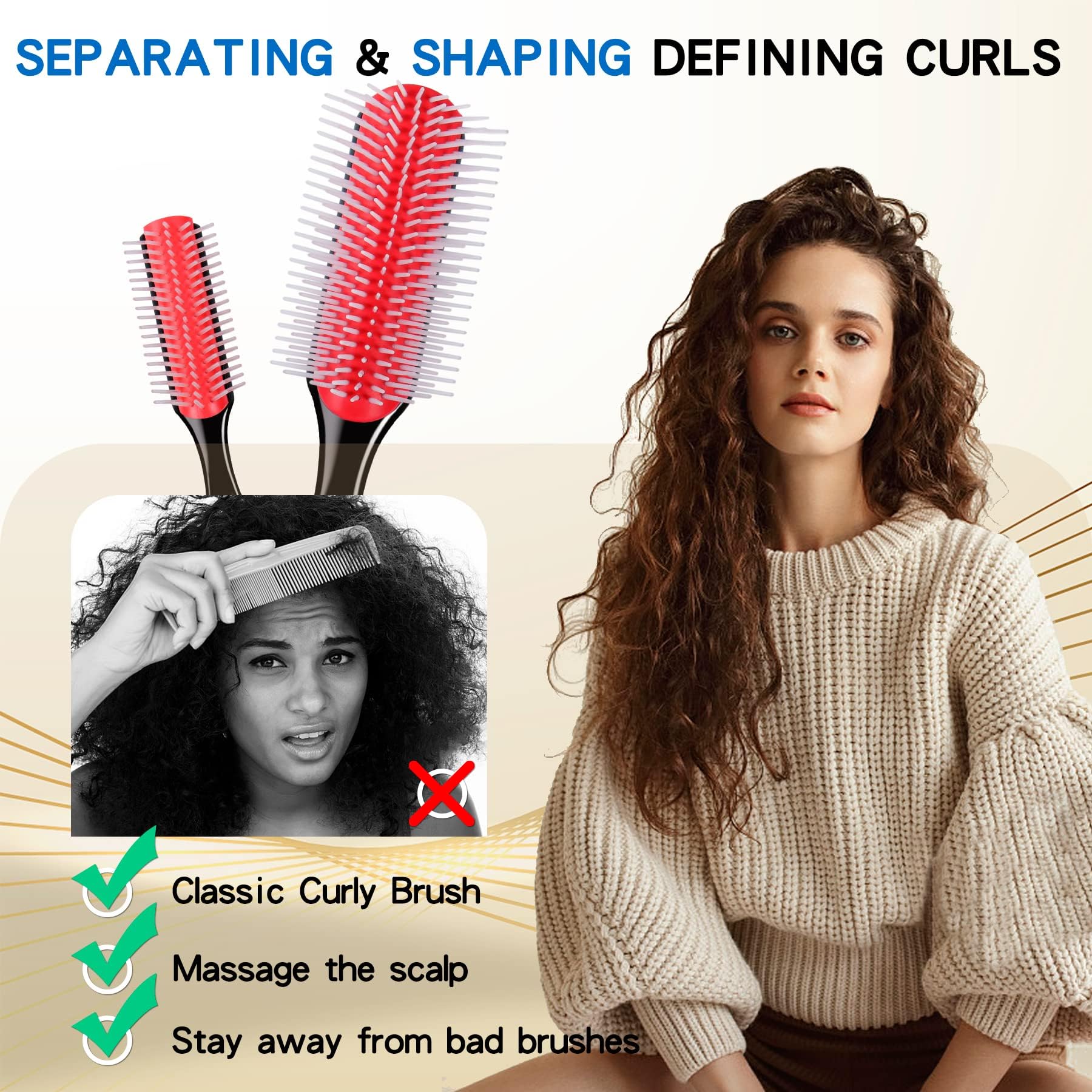 Enjoy Holiday 1981 2pcs curly hair brush detangling action shows smooth pins for wet or dry hair.