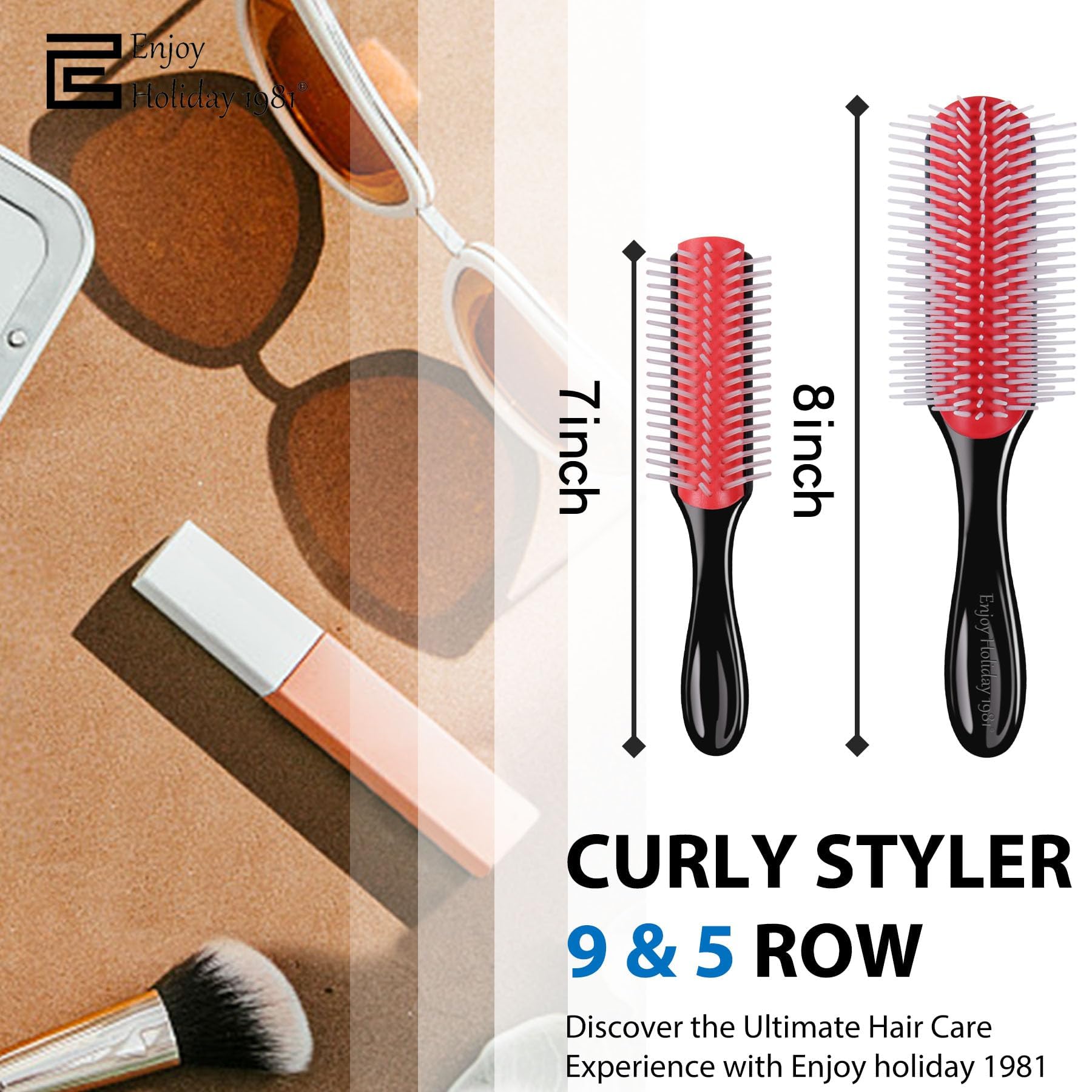 Enjoy Holiday 1981 2pcs hair brush 5-row closeup ideal for looser curls and detangling.