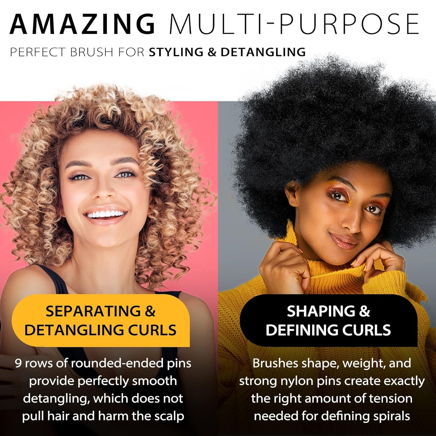 Enjoy Holiday 1981 curly-definition brush closeup demonstrates bounce and frizz control for thick textures.