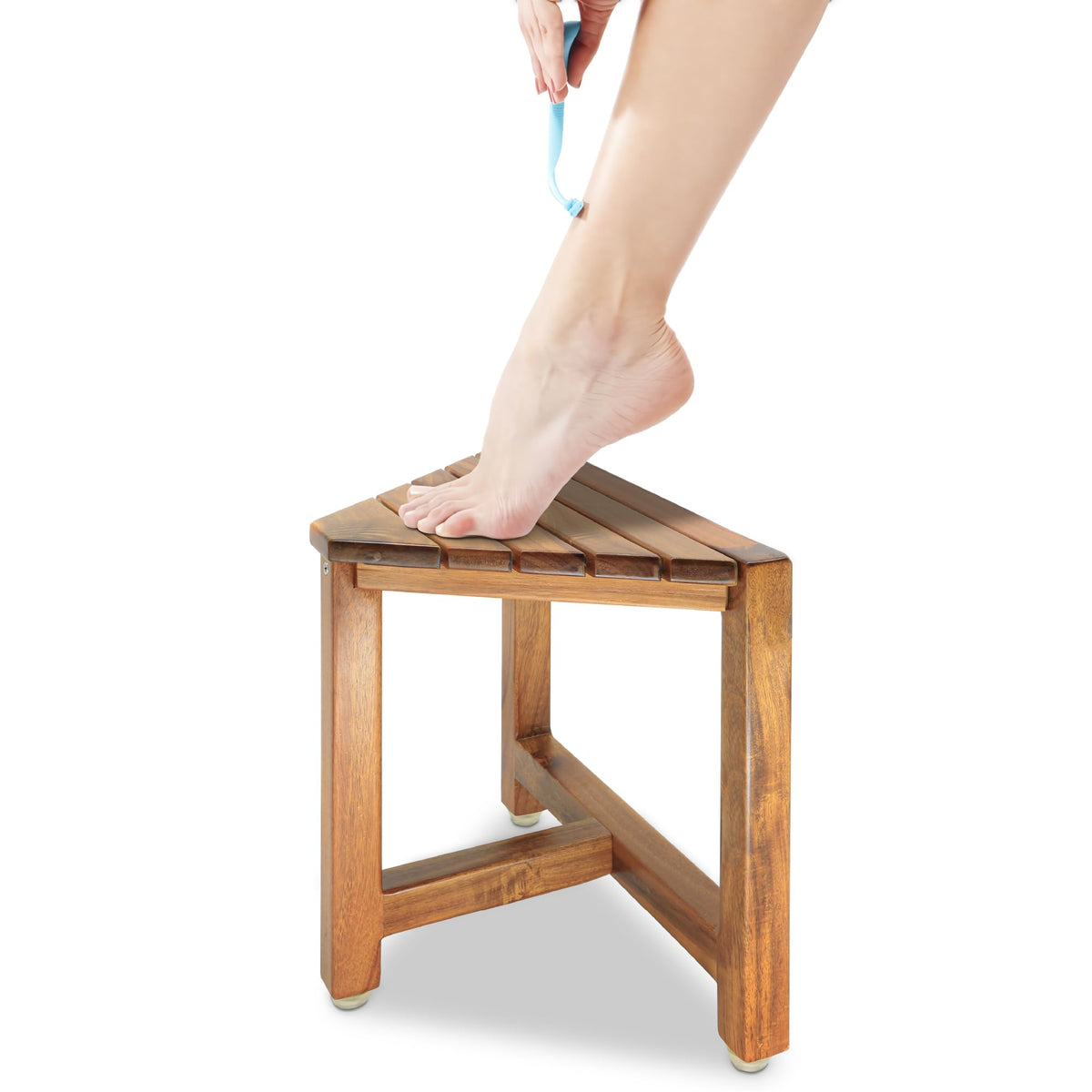 ENKEZI shower foot rest front view shows compact corner fit for small showers