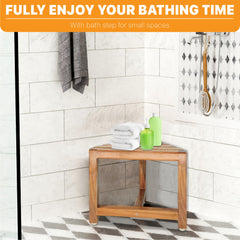 ENKEZI shower foot rest top usage demonstrates space for razors, foam, and grooming tools