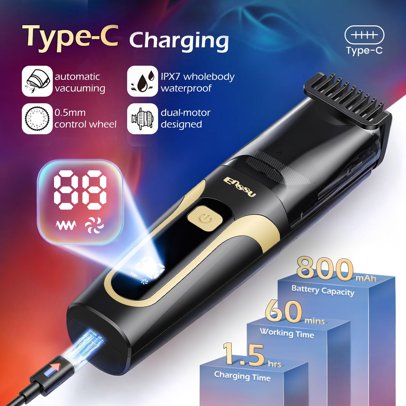 ENSSU Beard Trimmer Type-C charging provides quick, long-lasting power on the go