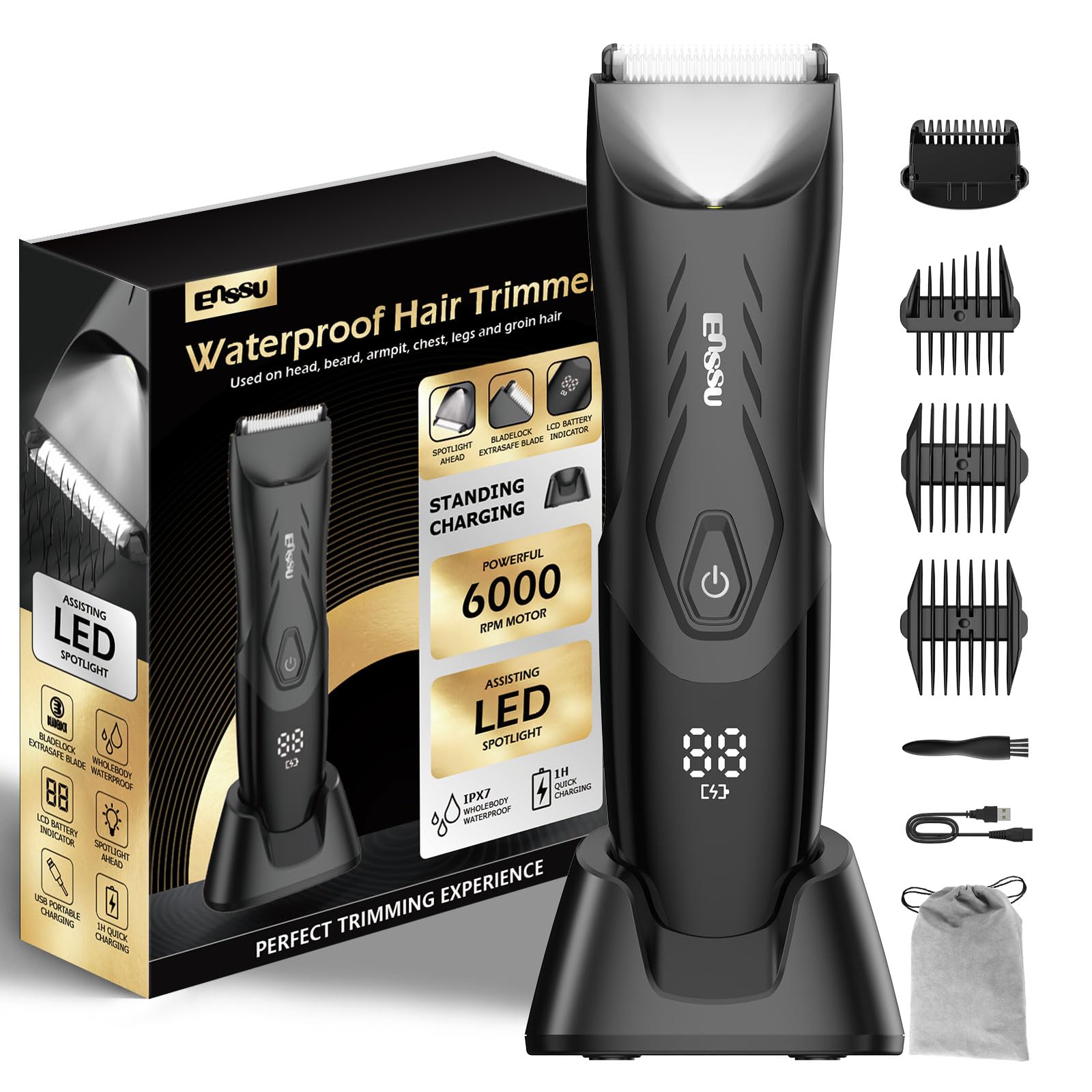 ENSSU manscape trimmer on charging dock for easy, ready-to-use grooming sessions.