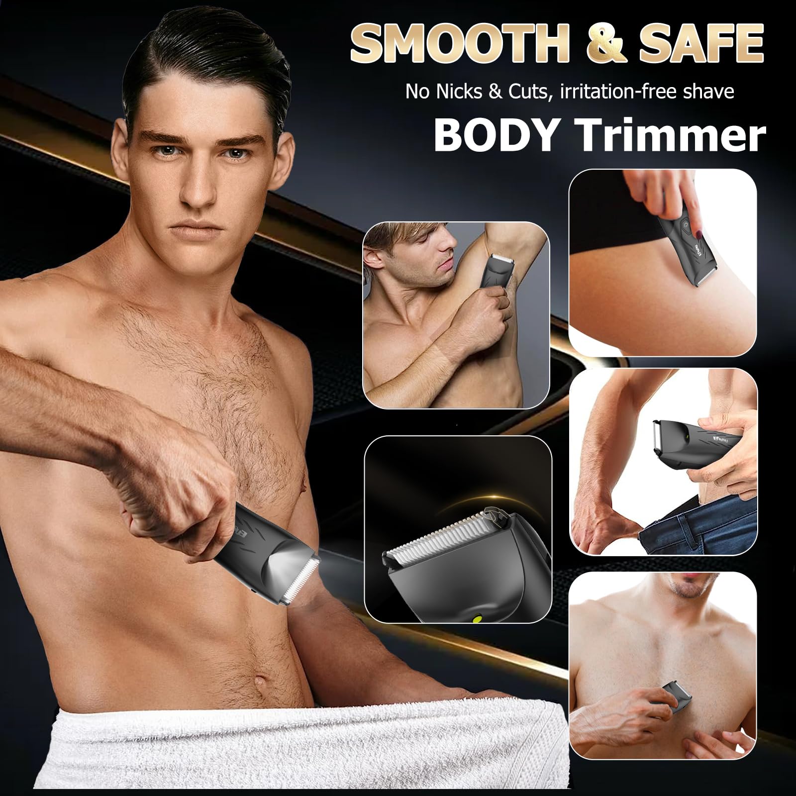 ENSSU manscape trimmer with LED light on for precise trimming in dim spaces.