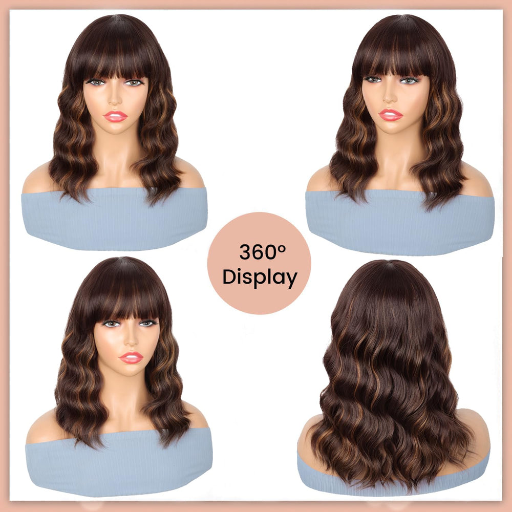Entranced Styles brown highlight wig worn by model demonstrates versatile short wavy bob for daily wear