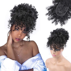 ENTRANCED STYLES drawstring ponytail with bangs creates a natural bun for daily glam