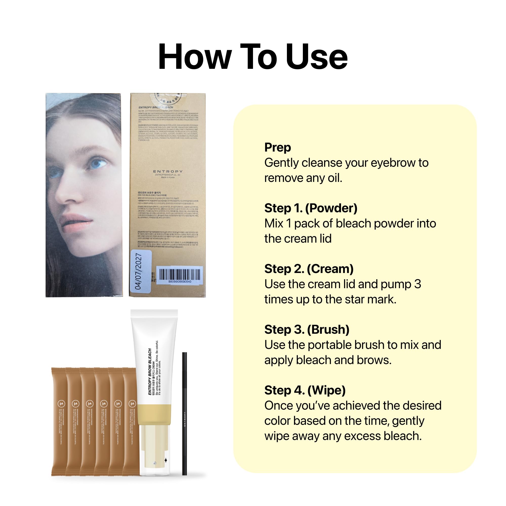 Entropy Makeup Brow Bleach Kit six-applications box proves home-lightening value.